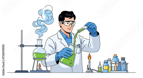 Scientist mixing chemicals in a lab, wearing protective gear and working with green liquids and other lab equipment.