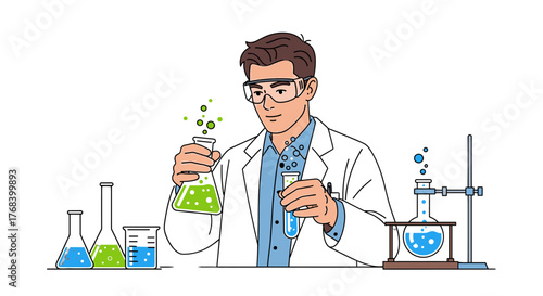 Illustration of a scientist in a lab coat and goggles performing an experiment with beakers and green and blue liquids.
