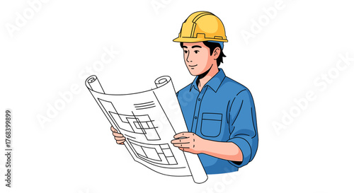 An architect with a safety helmet is meticulously studying a blueprint, ensuring accuracy in the construction project ahead.