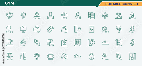 Gym icon set. Contain linear sign health, fitness, exercise, athletic, healthy, equipment and more. Bodybuilding icon pack. Minimalist icons collection. Editable stroke. Pixel Perfect.