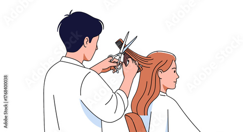 A barber expertly styles a customer's long hair with scissors and comb, crafting a fresh look and boosting her confidence.