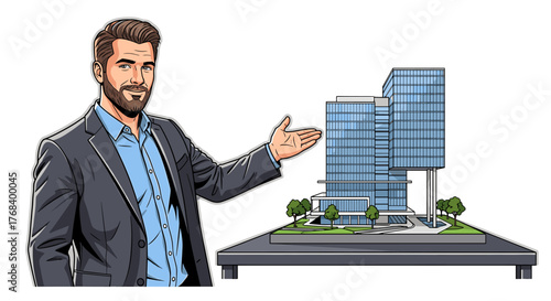 Real estate professional presenting a modern building design, showcasing a potential commercial development project.