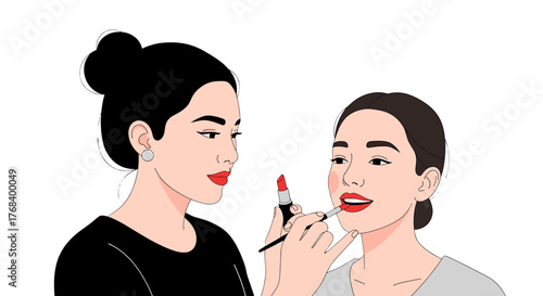 A makeup artist applies red lipstick to a woman. The scene showcases beauty and the transformative power of makeup.