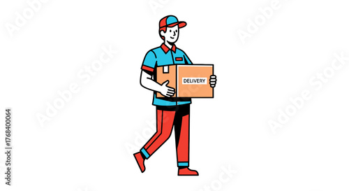Delivery person walks with a package towards the viewer in a vector graphic on a solid transparent background.
