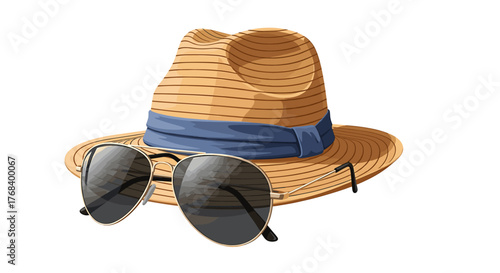 Stylized straw sun hat with a navy blue ribbon and a pair of aviator sunglasses against a dark, solid background.