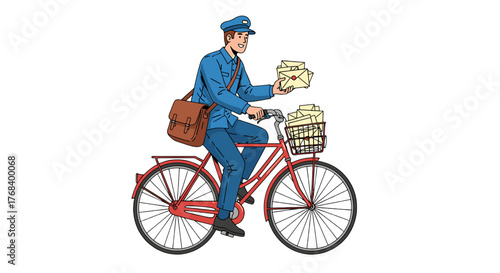 A friendly mailman on a red bicycle, delivering letters with care and a smile, ensuring prompt and reliable service.