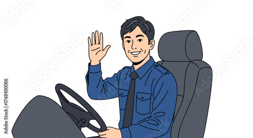 An illustration of a smiling man wearing a blue shirt and black tie sits in a car and is waving hi at someone.