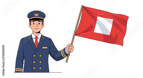 Cartoon image of a person holding up a red flag with a white square; the flag represents a diver down signal.