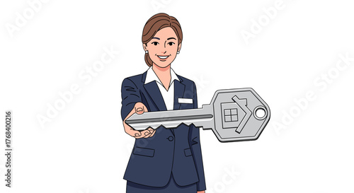 A woman in a business suit extends a large, silver key towards the viewer, symbolizing property ownership or access.