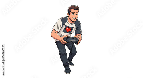 Enthusiastic young man with short brown hair in gamer tee, gripping a gamepad, immersed in a digital gaming adventure.