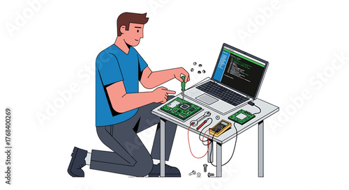 Man fixing a circuit board with a screwdriver, laptop, and other tools on a table. Programming and hardware concept.