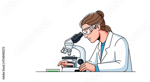 Female scientist wearing safety goggles using a microscope in laboratory, analyzing samples under high magnification.