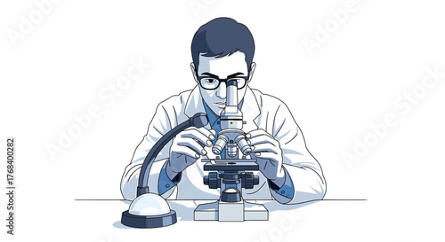 Focused scientist in lab coat closely examines specimen with microscope, expanding scientific understanding and knowledge. 