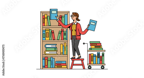 Woman in library organizing and stocking books, standing on a stool by bookshelf and book cart with many books.