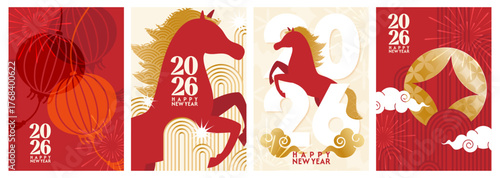 chinese new year 2026, year of the horse. vector abstract a4 posters set with symbols fire horse, asian lanterns, chinese cloud and coin, red background, fireworks in modern illustration