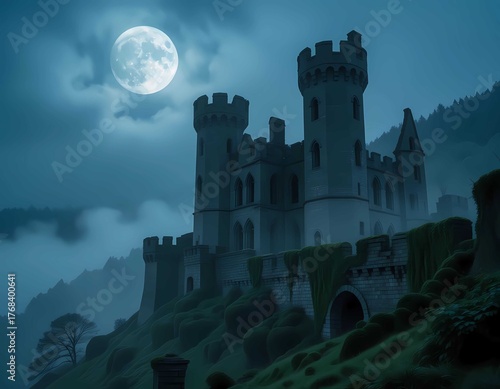 Gothic haunted castle stands on a misty hill under moonlight, surrounded by eerie fog and shadows
