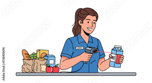 A cartoon grocery store employee scans a carton of milk at checkout, using a barcode scanner with a laser beam.