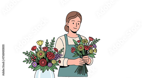 Cartoon woman with brown hair arranging a bouquet of flowers in a light green apron with vase with flowers.