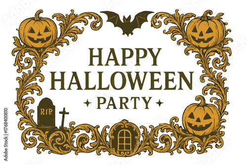 ハロウィンのフレーム素材、ハッピーハロウィン、パーティー、イベント、装飾素材、ビンテージ、アンティーク、ゴージャス、ラグジュアリー