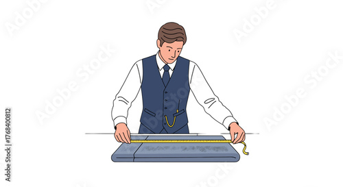 A well-dressed tailor carefully measures fabric with a tape measure, ensuring a precise fit for his custom design.