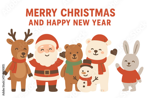 A festive banner featuring Santa Claus, deer, bears, a snowman, and a hare