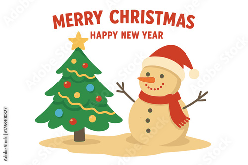 Christmas tree and snowman, a sandy snowman on the beach, merry Christmas, happy New Year, smiling snowman, celebration of winter holidays, vacation in Miami Beach, Florida, Xmas postcards, and