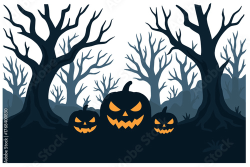 A bleak forest with ominous trees and terrifying pumpkins on Halloween night