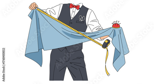 A skilled tailor in a vest and bow tie meticulously measures light blue fabric with a yellow tape measure for a custom garment.