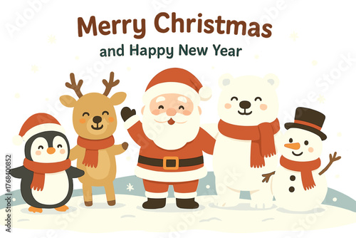 Wishing you a Merry Christmas and New Year, dear companions, as we enjoy adorable holiday creatures—penguins, deer, Santa Claus, a white polar bear, and a snowman—set against a snowy winter landscape