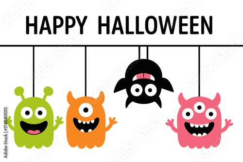 A line banner featuring a colorful, funny, cute kawaii cartoon baby character with a monster head silhouette, eyes, teeth, tongue, and hands, hanging upside down against a white background in flat