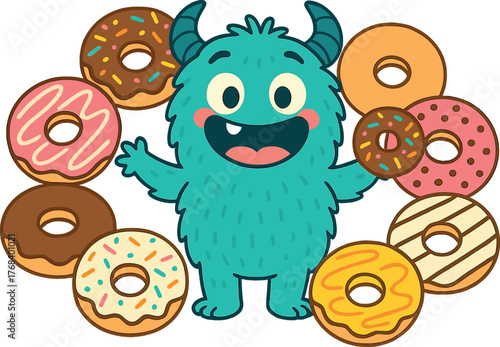 A whimsical baby monster with donuts smiles as it stands before a colorful array of donuts, celebrating National Donut Day or Fat Thursday, and serving as a template for cover art, menus, signboards