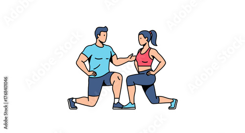 Dynamic duo in a lunging workout, strength and fitness training, working together for a healthier and active lifestyle.