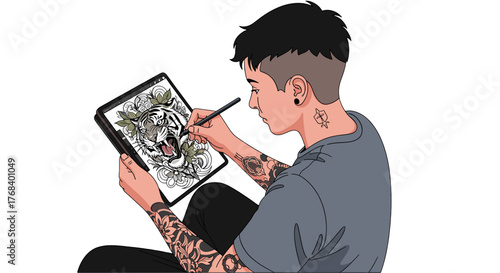 Tattooed artist creating a tiger design on a digital tablet, focused and inspired by the art he's crafting.