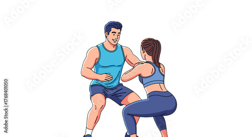 Personal trainer assisting a woman with squats, providing guidance and support for proper form and effective workout routine.