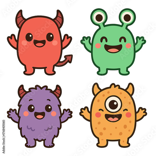 A set of adorable Kawaii monster icons for kids, featuring a collection of playful cartoon monsters such as devils, aliens, demons, and other creatures, all rendered in flat vector style suitable for
