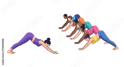 A group of diverse people are demonstrating the downward dog yoga position in the studio, promoting flexibility and wellness.