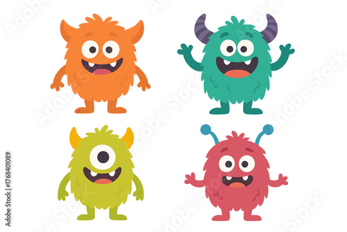 Illustration of adorable small monsters in vector style, featuring a set of furry, cute alien characters