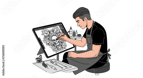 An artist is passionately working on an intricate digital skull illustration, meticulously adding details and depth with a stylus.