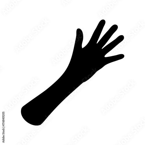 Black silhouette of a waving human arm and hand on white background