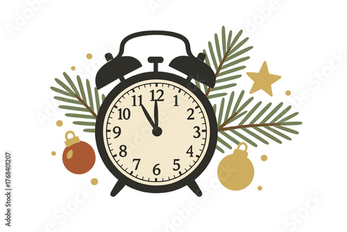 Five minutes until midnight, featuring a New Year theme with an alarm clock, a pine branch, and Christmas decorations