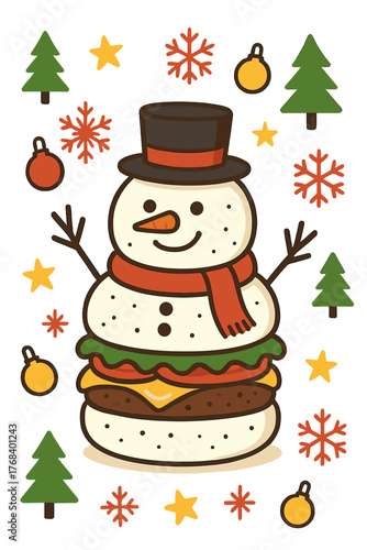 Christmas Snowman Burger: a festive holiday patty shaped like a snowman against a holiday backdrop