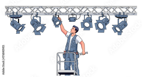 A technician meticulously adjusts stage lighting atop a lift, ensuring optimal illumination for the upcoming performance.
