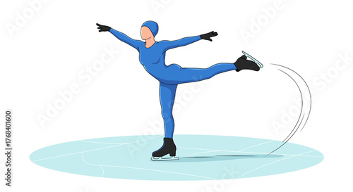 A figure skater in blue performs on an ice rink. One leg is extended, trailing motion lines, arms are spread out.