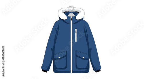 A blue winter coat with white furry hood on a hanger is depicted. Ideal for staying warm in colder climates.
