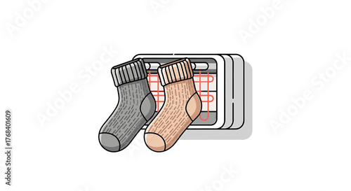 Image features a gray and cream sock pair on a heater. Illustrates coziness, warmth, and winter season comforts.
