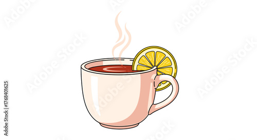 A steaming cup of tea adorned with a lemon slice, a simple yet elegant illustration of a comforting beverage.