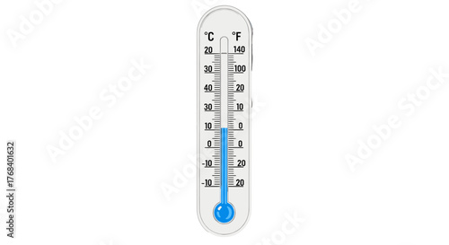A digital thermometer displays the temperature in both Celsius and Fahrenheit, set against a plain transparent background. 