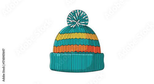 A cozy, multi-striped knitted beanie with a playful pom-pom on top, perfect for staying warm and stylish in colder seasons.