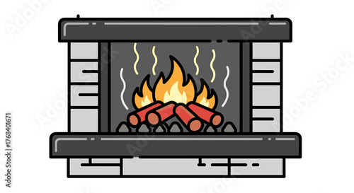 Cozy animated fireplace illustration with logs burning and smoke rising, perfect for home decor or seasonal designs. 