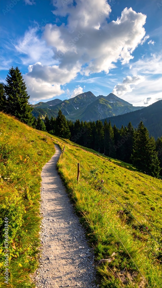 Fototapeta premium Scenic path winds up a grassy hill towards mountains, under a sky with clouds